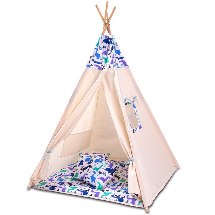 Cort copii stil indian Teepee Tent Kidizi Blue Dino, include covoras gros si 2 perne