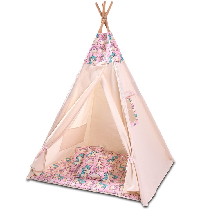 Cort copii stil indian Teepee Tent Kidizi Pink Unicorn, include covoras gros si 2 perne