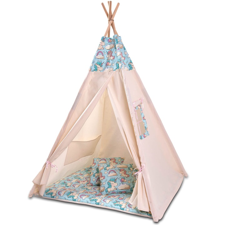 Cort copii stil indian Teepee Tent Kidizi Mint Unicorn, include covoras, 2 perne si stabilizator