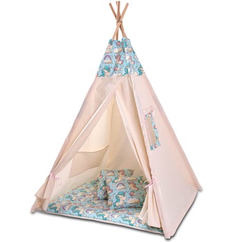 Cort copii stil indian Teepee Tent Kidizi Mint Unicorn, include covoras gros si 2 perne Cort copii stil indian Teepee Tent Kidizi Mint Unicorn, include covoras gros si 2 perne