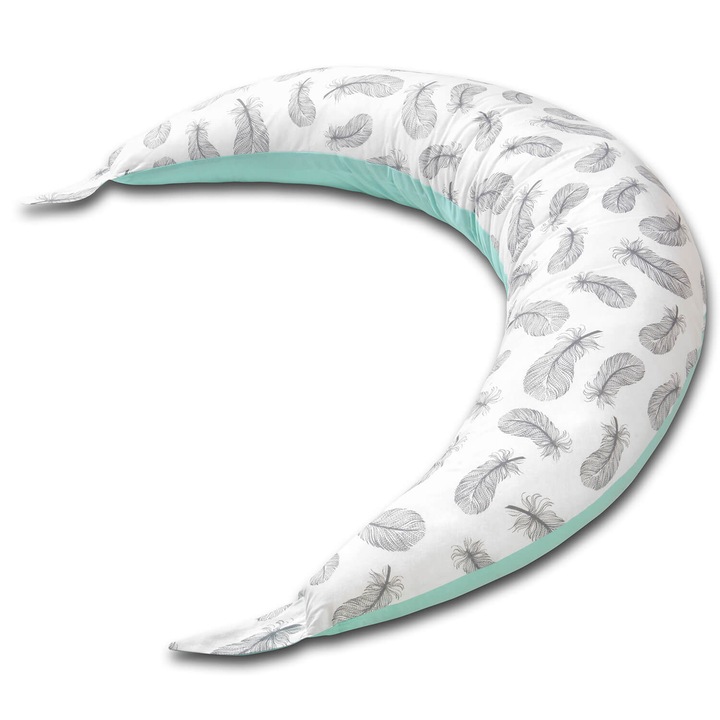 Възглавница за бременни Kidizi Luna Mint Feathers 8in1, Мултифункционална, Сваляща се памучна калъфка, 230x35 см