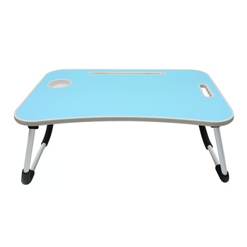 Masa pentru laptop de culoare albastra, plianta, ATS, 60 x 40 x 27 cm, picioare din metal alb, un blat din MDF Masa pentru laptop de culoare albastra, plianta, ATS, 60 x 40 x 27 cm, picioare din metal alb, un blat din MDF