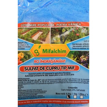 Sulfat de cupru, piatra vanata, ingrasamant de tip MIF, pentru stropire pomi fructiferi, vita de vie si legume - 0.5Kg Sulfat de cupru, piatra vanata, ingrasamant de tip MIF, pentru stropire pomi fructiferi, vita de vie si legume - 0.5Kg