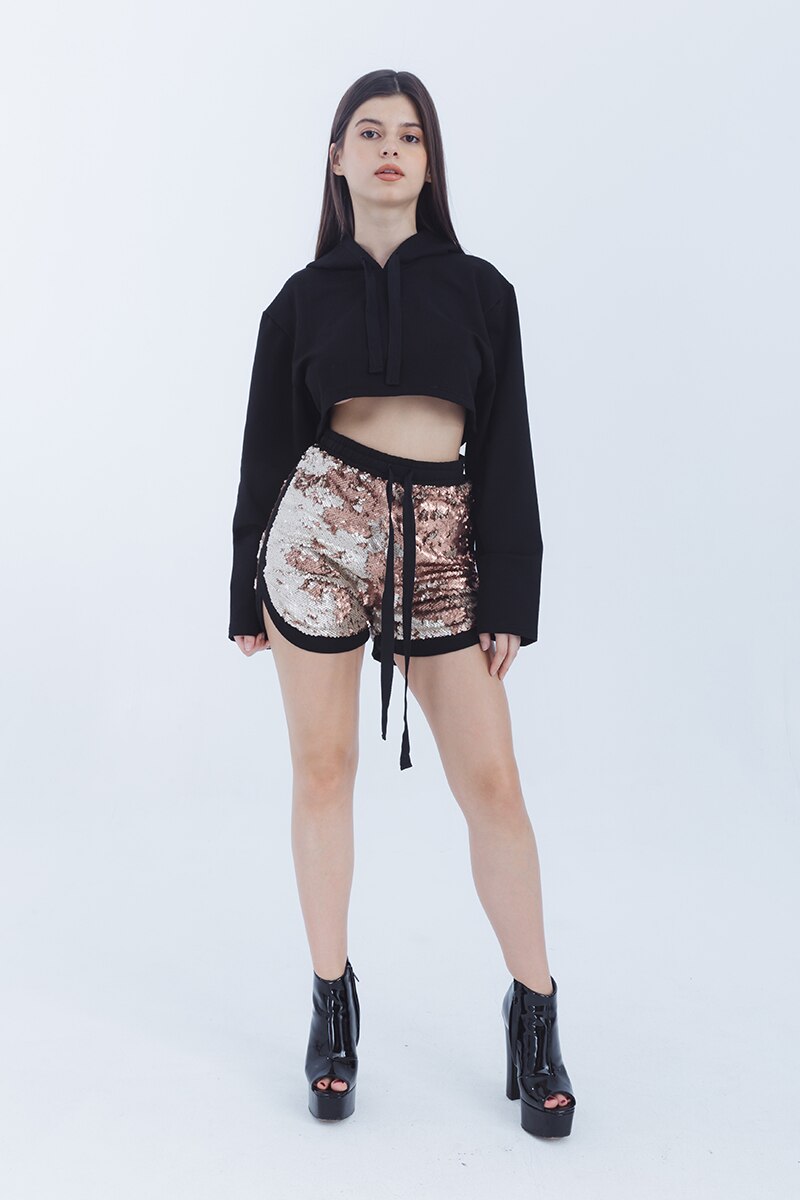 Set hanorac si pantalon scurti de paiete, Cactus the brand, Negru