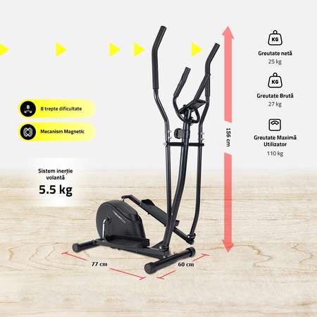 Bicicleta fitness eliptica TECHFIT E250N, Sistem inertie volanta 5 Kg, Greutate utilizator 110 Kg, Suport tableta/smartphone, Negru