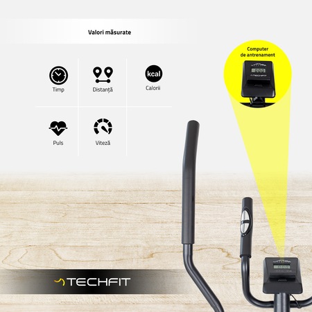Bicicleta fitness eliptica TECHFIT E250N, Sistem inertie volanta 5 Kg, Greutate utilizator 110 Kg, Suport tableta/smartphone, Negru