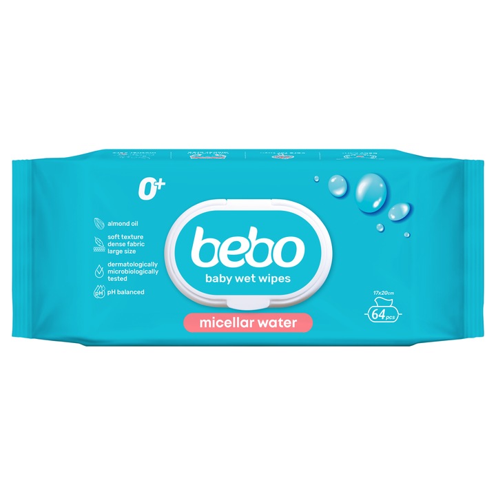 Влажни кърпички Bebo с Мицеларна вода, иновативен капак, 64 бр