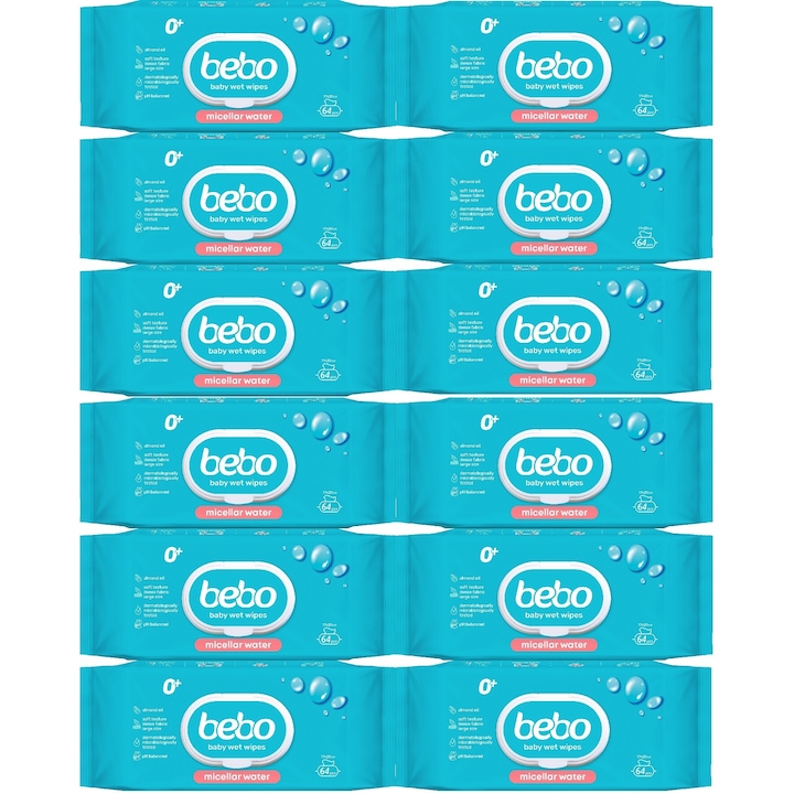 Влажни кърпички Bebo с Мицеларна вода,11 пакета+1 подарък, 64 бр., иновативен капак