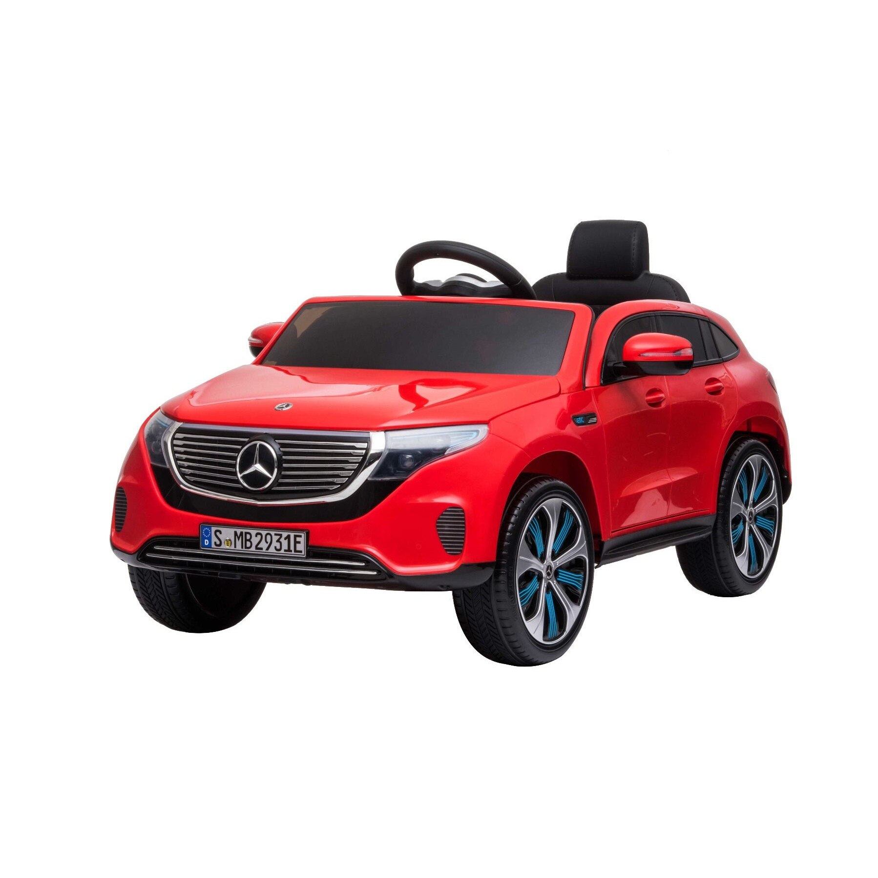 Masinuta electrica Mercedes-Benz EQC, Rosu, Licenta originala, scaun din piele, deschidere usi, motor 2x 35W, baterie 12V / 7Ah, telecomanda 2,4 Ghz, roti EVA moi, suspensii, pornire lina, lumini LED
