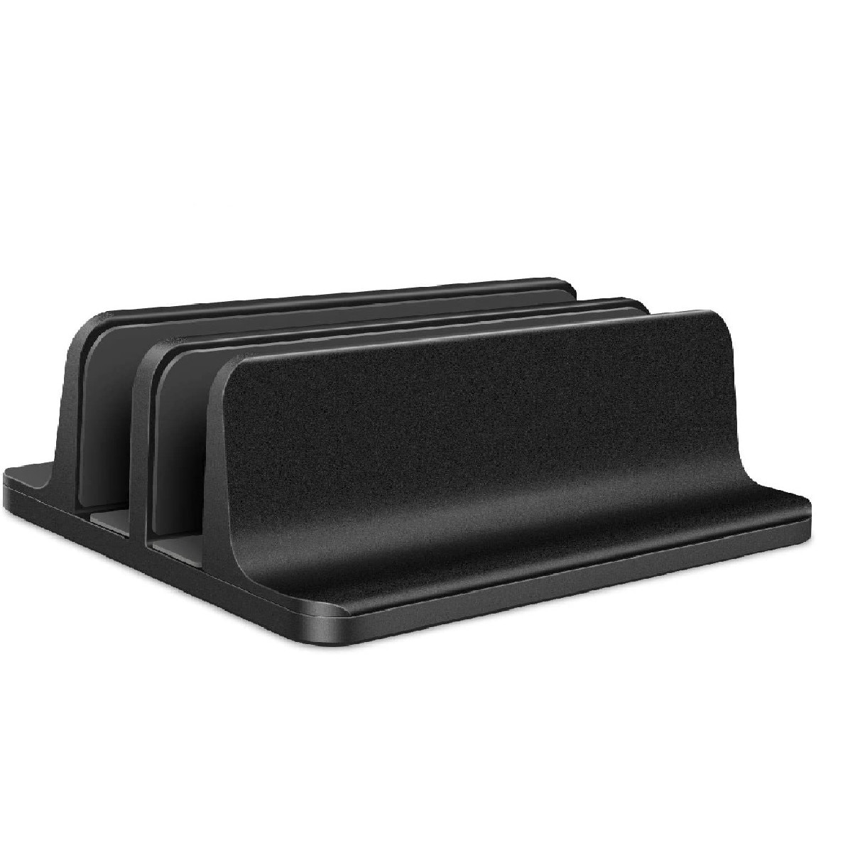 Suport/Stand Vertical Dublu, LittleDomi, pentru Laptop, Telefon, Tableta, Ajustabil, Protectie Aluminiu, Covoras Non-Alunecos, Negru