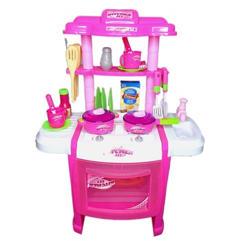 Bucatarie multifunctionala Salamandra Kids® pentru copii cu lumini si sunete, Chiuveta cu circuit de apa, CUPTOR + Multiple accesorii, Roz Bucatarie multifunctionala Salamandra Kids® pentru copii cu lumini si sunete, Chiuveta cu circuit de apa, CUPTOR + Multiple accesorii, Roz