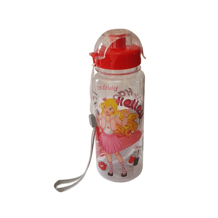 Sticla de apa cu desen pentru copii, 500 ml, cu buton de deschidere, Rosu