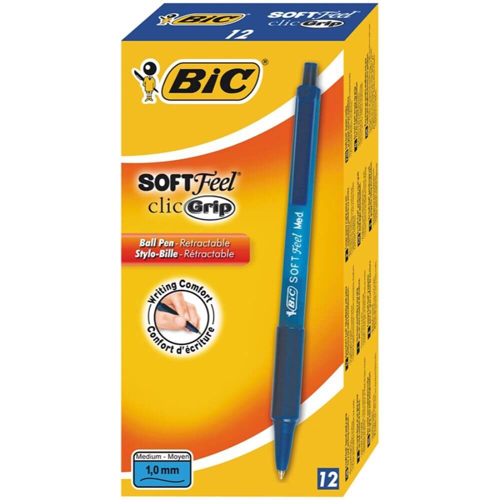Set 12 Pixuri BIC Soft Feel Clic, Varf 1 mm, Albastre