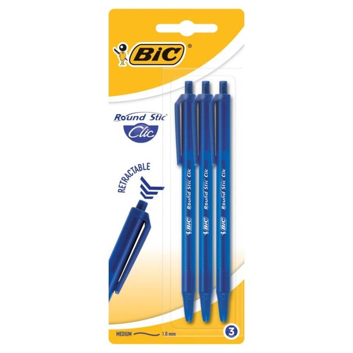 Комплект от 3 кръгли писалки BIC Round STIC Clic, връх 1 mm, сини