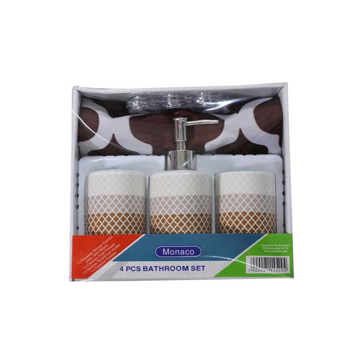 Set 4 accesorii baie Monaco2, pahar, suport periute, dispenser sapun, perdea dus, Ceramica, Multicolor