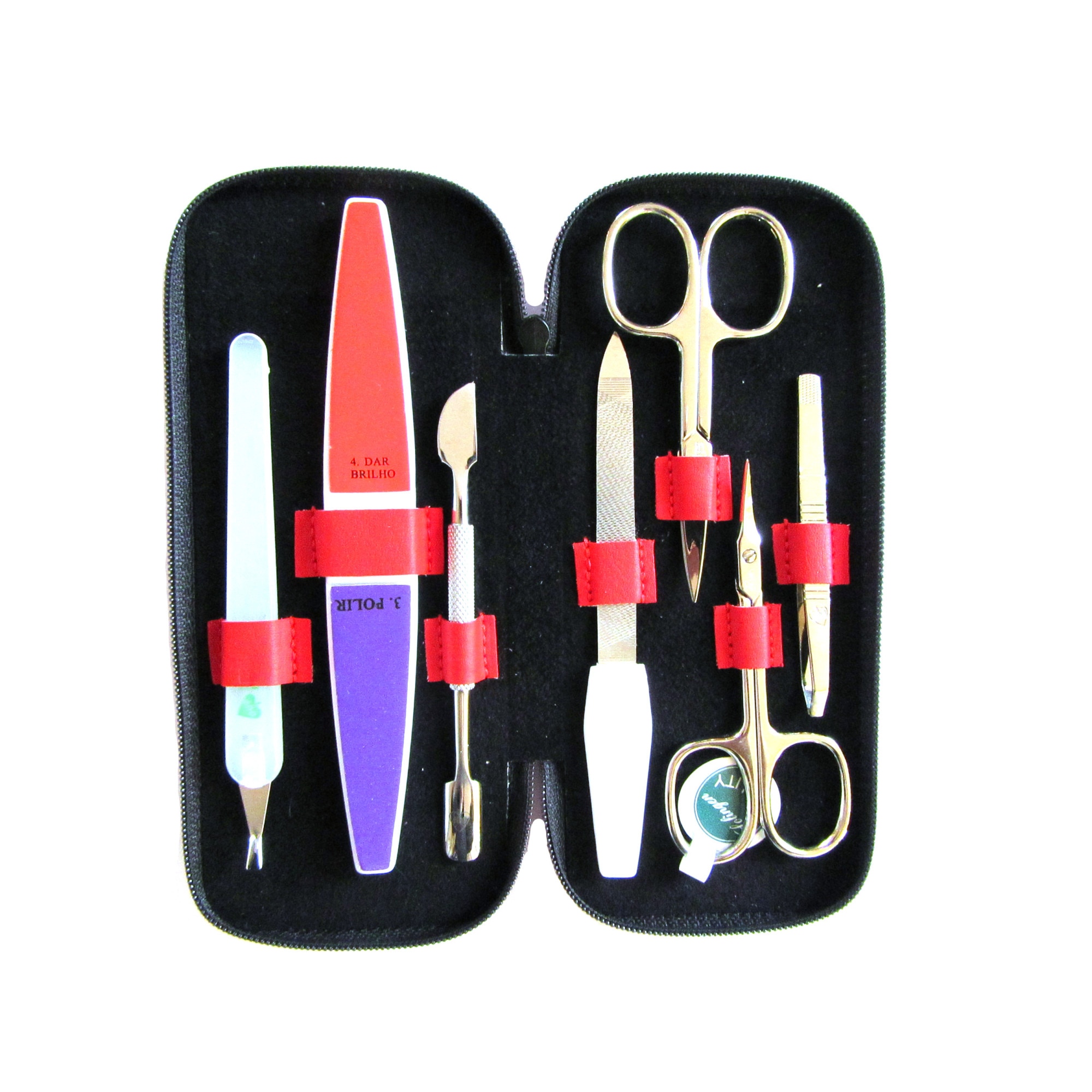 Trusa pentru manichiura, DUP (Solingen), compusa din 7 piese, nichelate, rosie