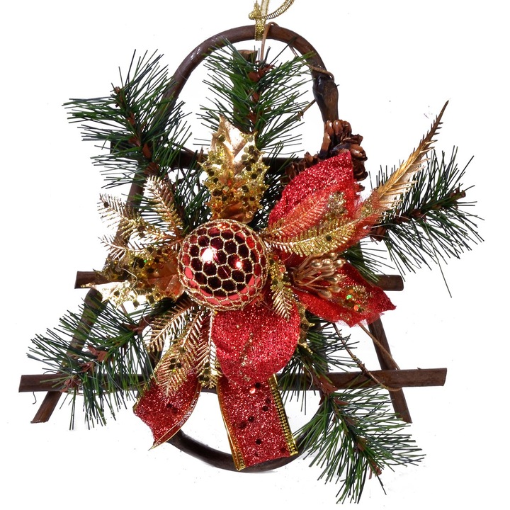 Decor Craciun Clopot, Glob Rosu, Floare Craciunita, Glitter Auriu, Ramura Brad, 21x20 cm, MYONNA IT & E- COMMERCE ®