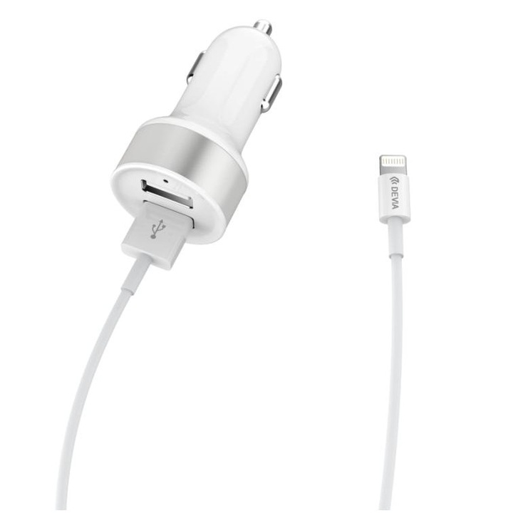 Set Incarcator auto telefon + Cablu de alimentare, Devia, 12 V, Alb