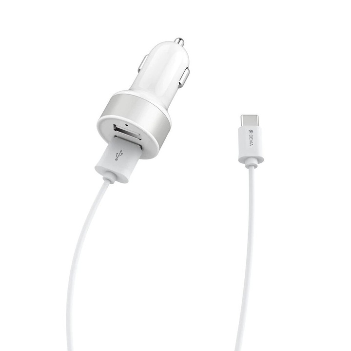 Set Incarcator auto telefon + Cablu de alimentare, Devia, 12 V, Alb