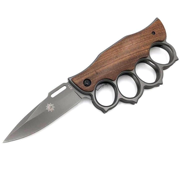 Cutit briceag tip pumnal cu prindere la curea, 21 cm, model True Hunter, insertii lemn