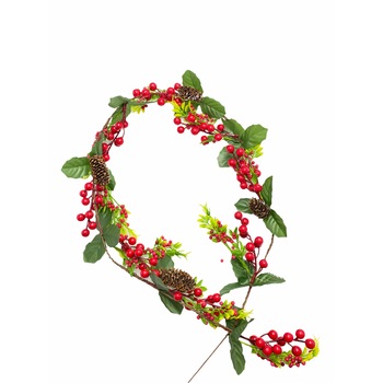 Crenguta de brad decorativa cu merisoare si conuri, Atelier, Verde/Rosu, 100cm Crenguta de brad decorativa cu merisoare si conuri, Atelier, Verde/Rosu, 100cm