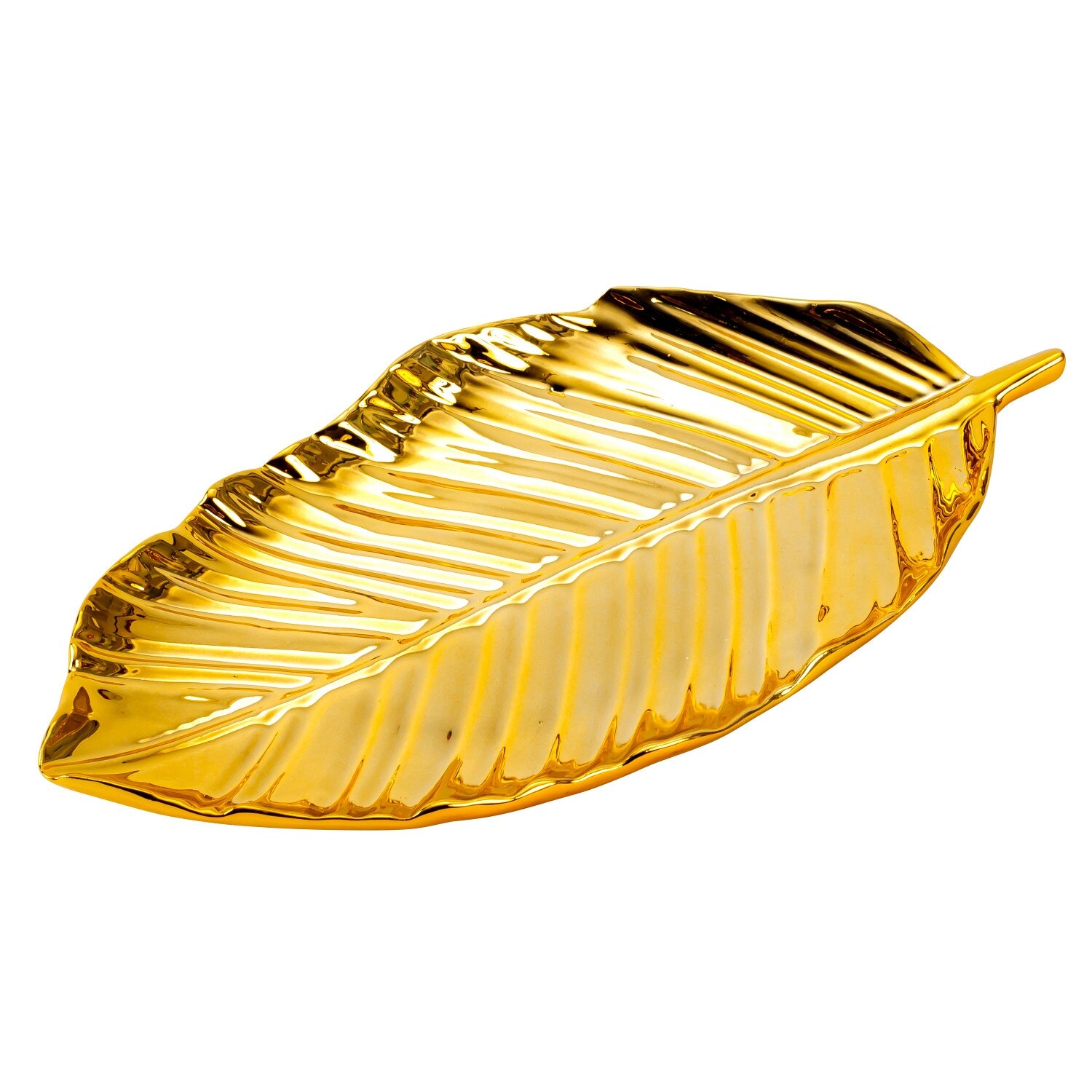 Platou decorativ din Portelan, model Frunza, Auriu, 31x15.5 cm