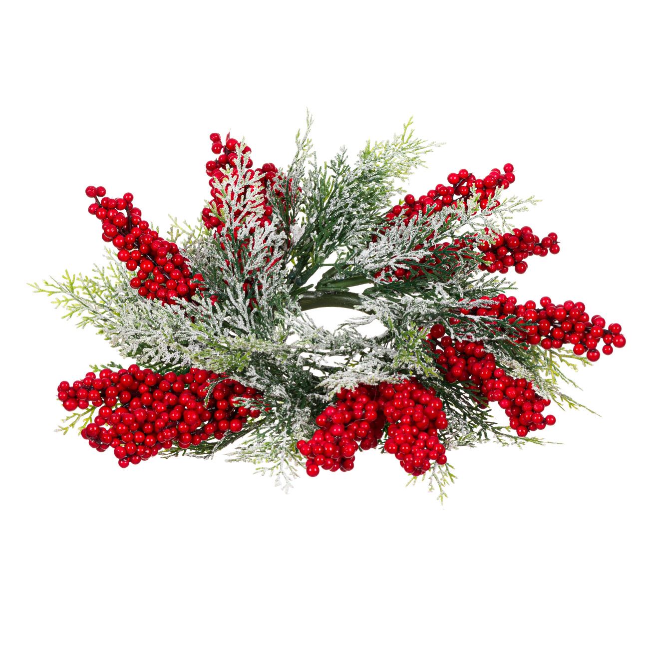 Aranjament decorativ pentru masa de Craciun, model coronita de pus lumanare cu Zapada si Fructe, 34 cm, Rosu/Verde