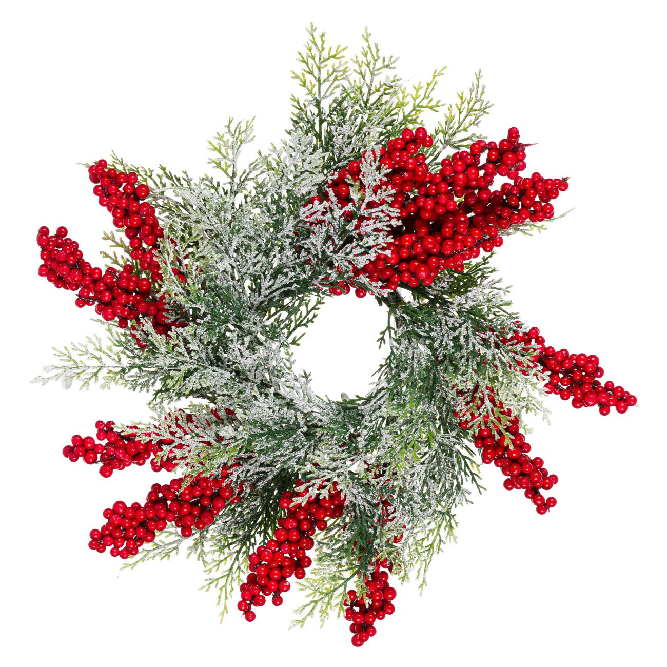 Decoratiune pentru masa de Craciun, Zola, de pus lumanare, brad verde cu ninsoare si fructe rosii, 32 cm