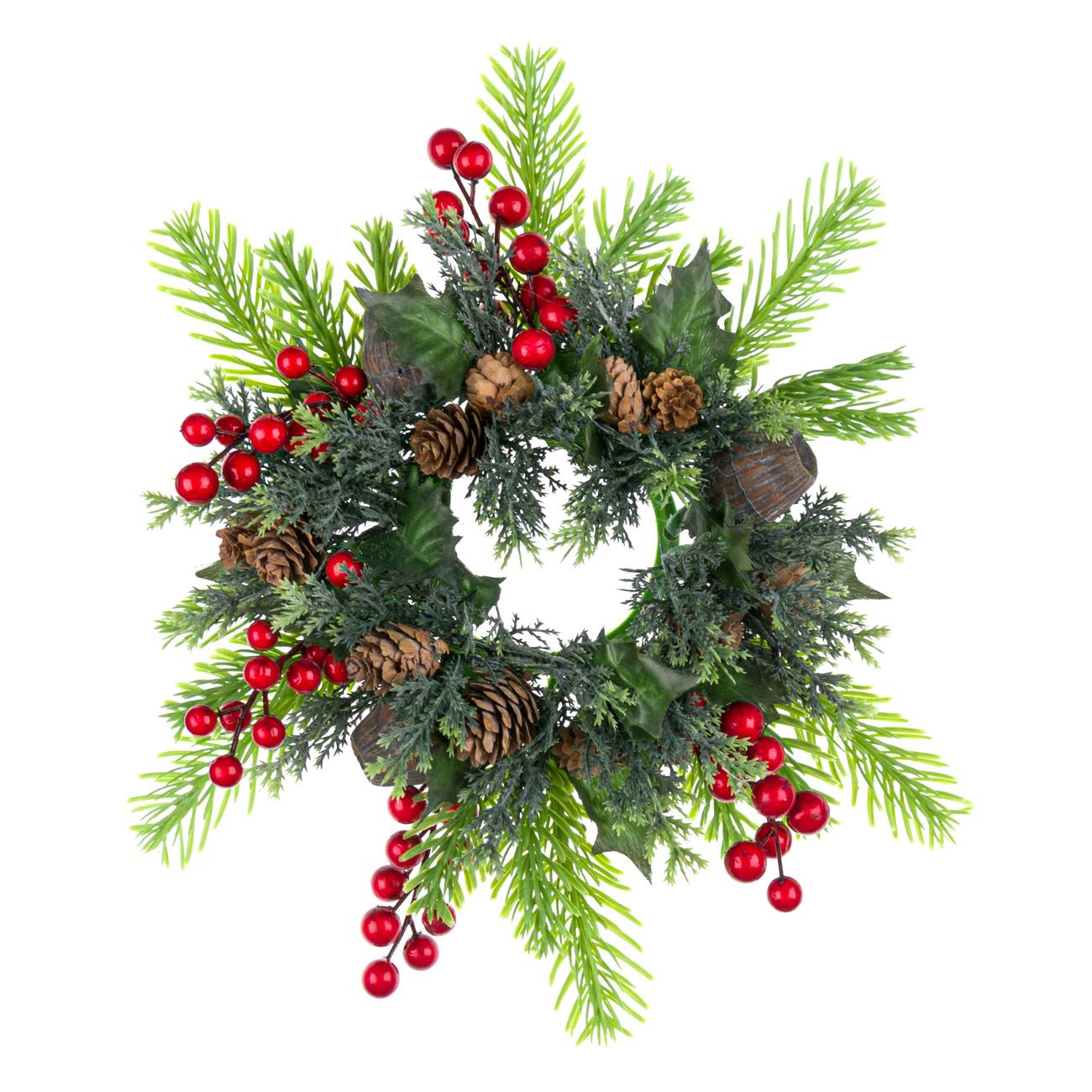 Decoratiune pentru masa de Craciun, Zola, de pus lumanare, brad verde si conuri, 34 cm