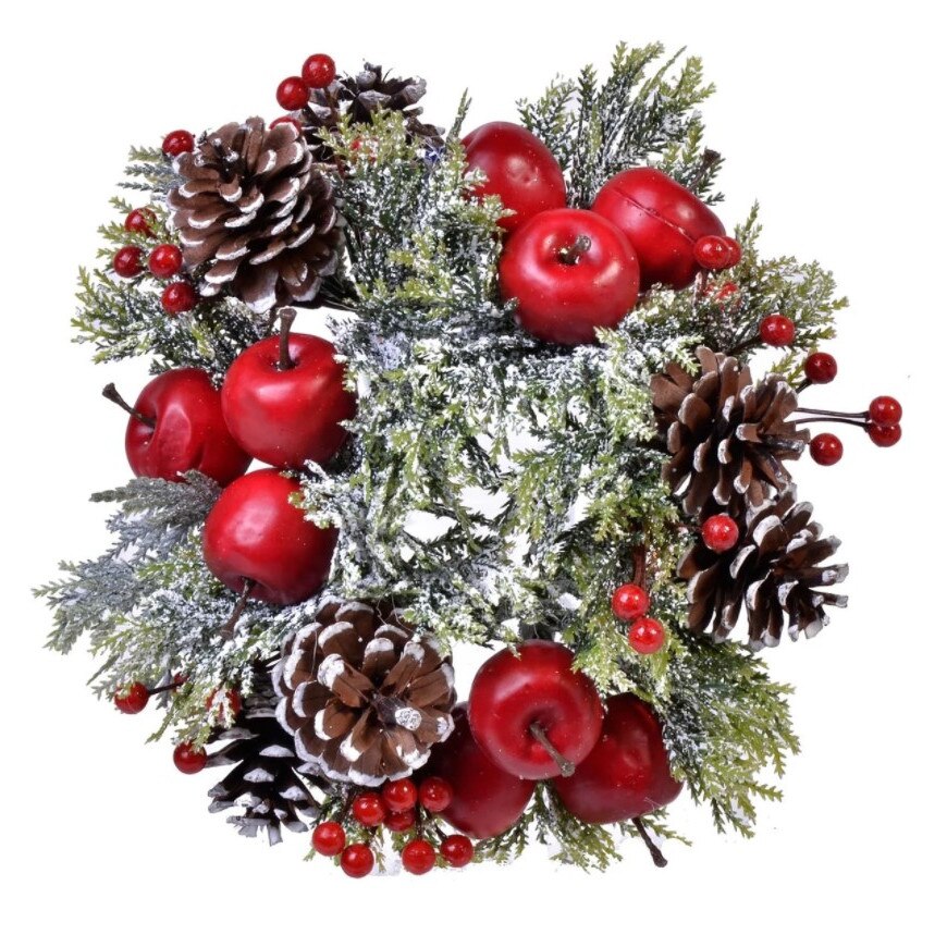 Decoratiune pentru masa de Craciun, Zola, de pus lumanare, brad verde, nins, merisoare si conuri, 34 cm