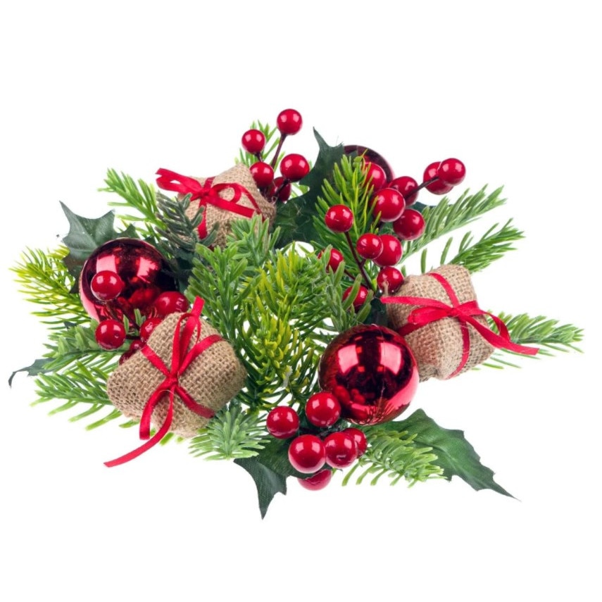 Decoratiune pentru masa de Craciun, Zola, de pus lumanare, cu globulete si cadouri, 25 cm
