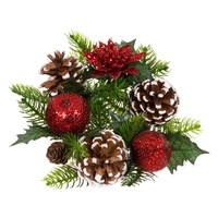 Decoratiune pentru masa de Craciun, Zola, de pus lumanare, cu merisoare sclipicioase, 32 cm