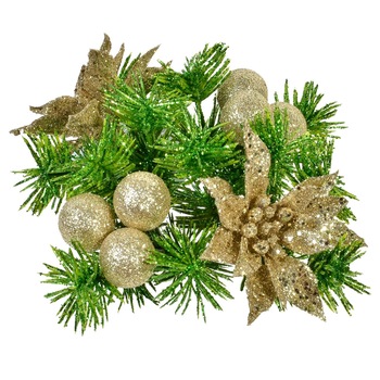 Aranjament decorativ pentru masa de Craciun, model coronita de pus lumanare cu globuri, Glitter, 15 cm, Sampanie/Verde Aranjament decorativ pentru masa de Craciun, model coronita de pus lumanare cu globuri, Glitter, 15 cm, Sampanie/Verde