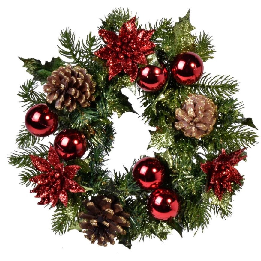 Decoratiune pentru masa de Craciun, Zola, de pus lumanare, cu globulete rosii, 32 cm