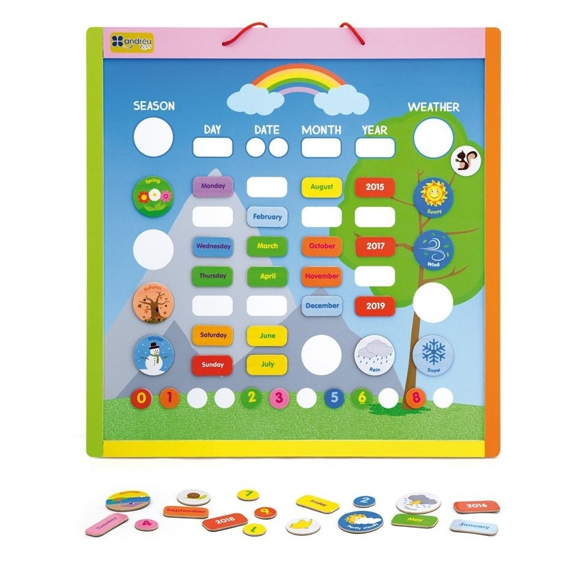 Calendar magnetic vremea, 50 de piese din lemn, limba engleza, 41 x 42.5 cm