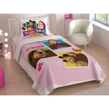 Set Lenjerie si Cuvertura pentru pat 1 Persoana, 3 piese, bumbac 100%, colectia TAC Licensed, model Masha Best Friends Set Lenjerie si Cuvertura pentru pat 1 Persoana, 3 piese, bumbac 100%, colectia TAC Licensed, model Masha Best Friends