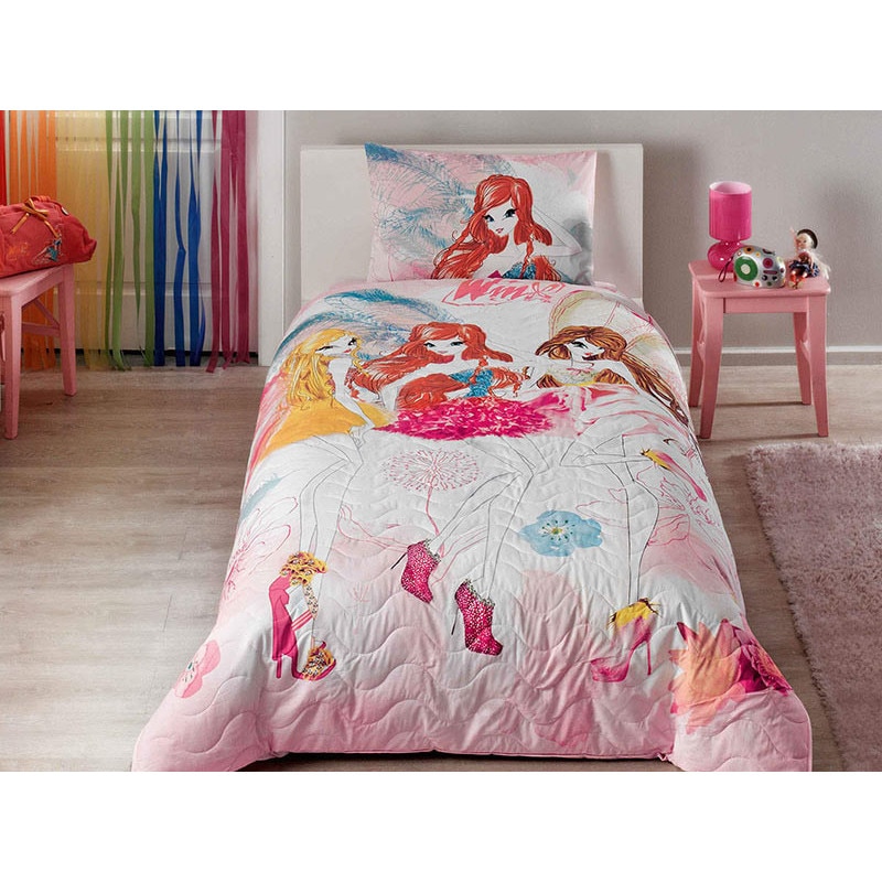 Set Lenjerie si Cuvertura pentru pat 1 Persoana, 3 piese, bumbac 100%, colectia TAC Licensed, model Winx