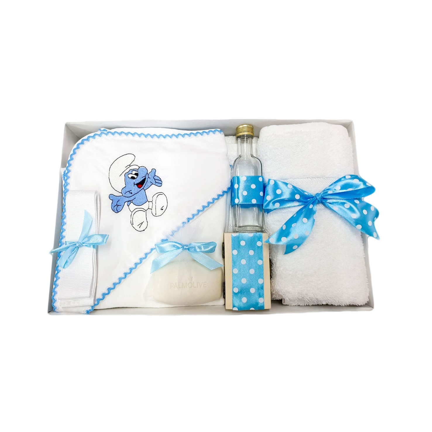 Trusou complet pentru botez, 7 piese, brodat Strumf