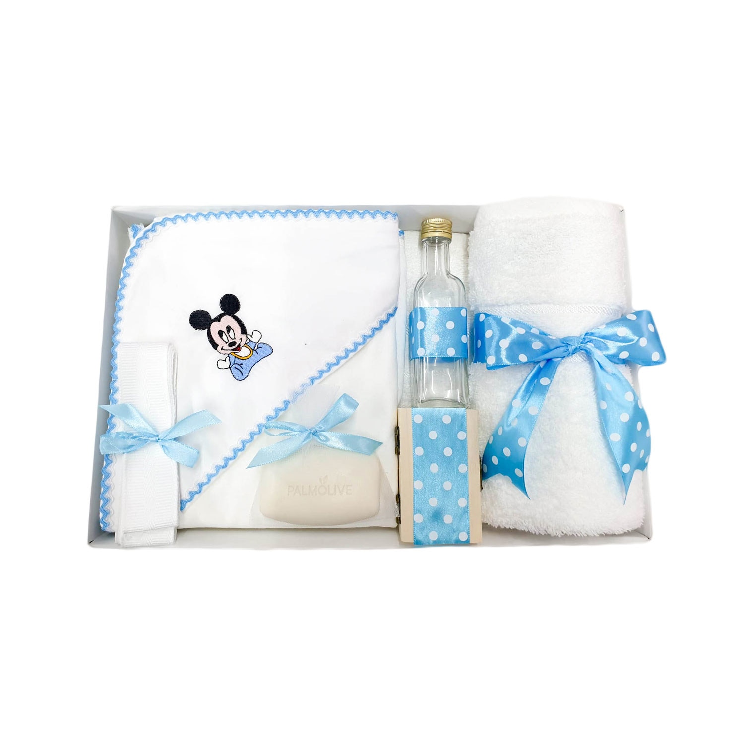 Trusou complet pentru botez, 7 piese, brodat Bebe Mickey