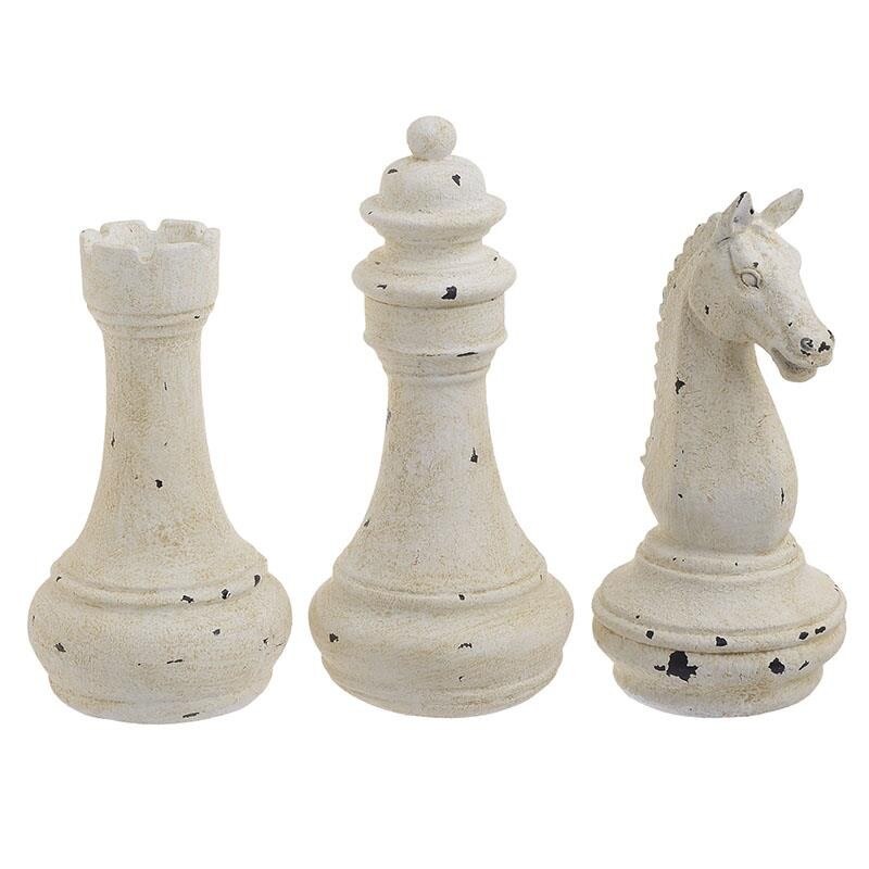 Set 3 piese de sah, din rasina, crem patinat, 10 x 10 x 18 cm