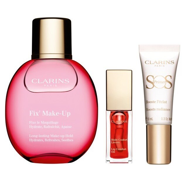 Set Clarins Spray fixare machiaj 50 ml + Ulei buze 7 ml + Baza machiaj SOS 7 ml