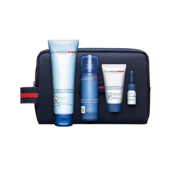 Set cadou Clarins men Exfoliant Ten 125 ml, Balsam Ten 50 ml, Sampon si gel de dus 30 ml , Ulei 3 ml
