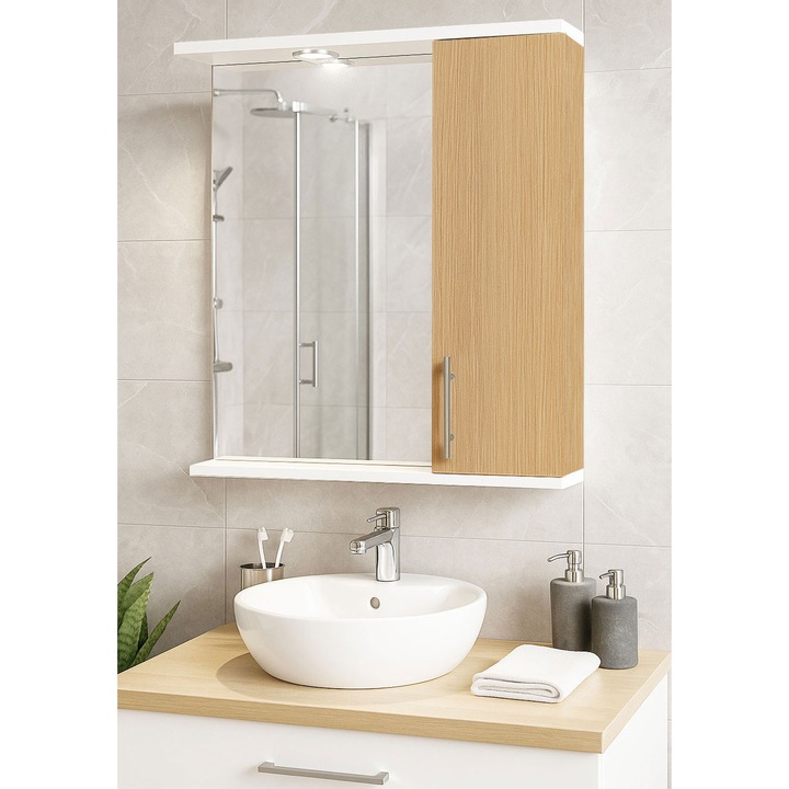 Oglinda cu dulap si iluminare, Badenmob, seria 020 - 60cm, fag