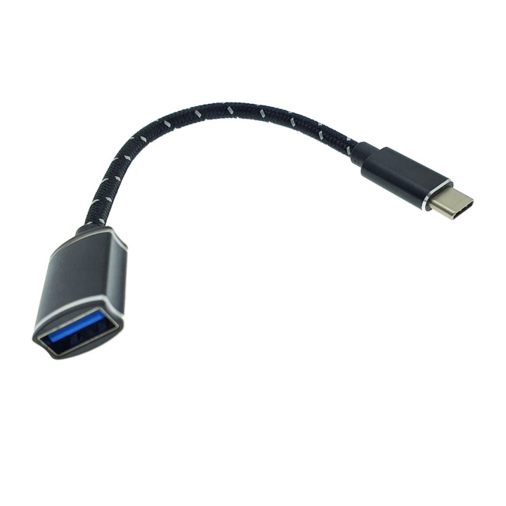 Adaptor premium OTG, USB 3.0 mama la USB tip C tata, Revolution 088, cablu cu invelis textil, carcasa aluminiu, negru Negru