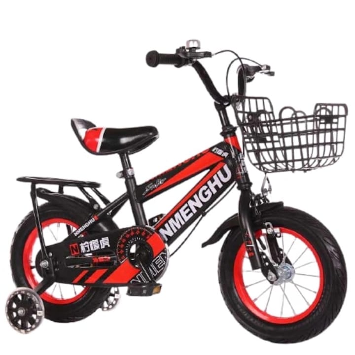 Bicicleta copii, Go kart Noe dimensiune 14 inch, roti ajutatoare silicon, sonerie, cosulet, portbagaj, varsta 3-5 ani, culoare rosie