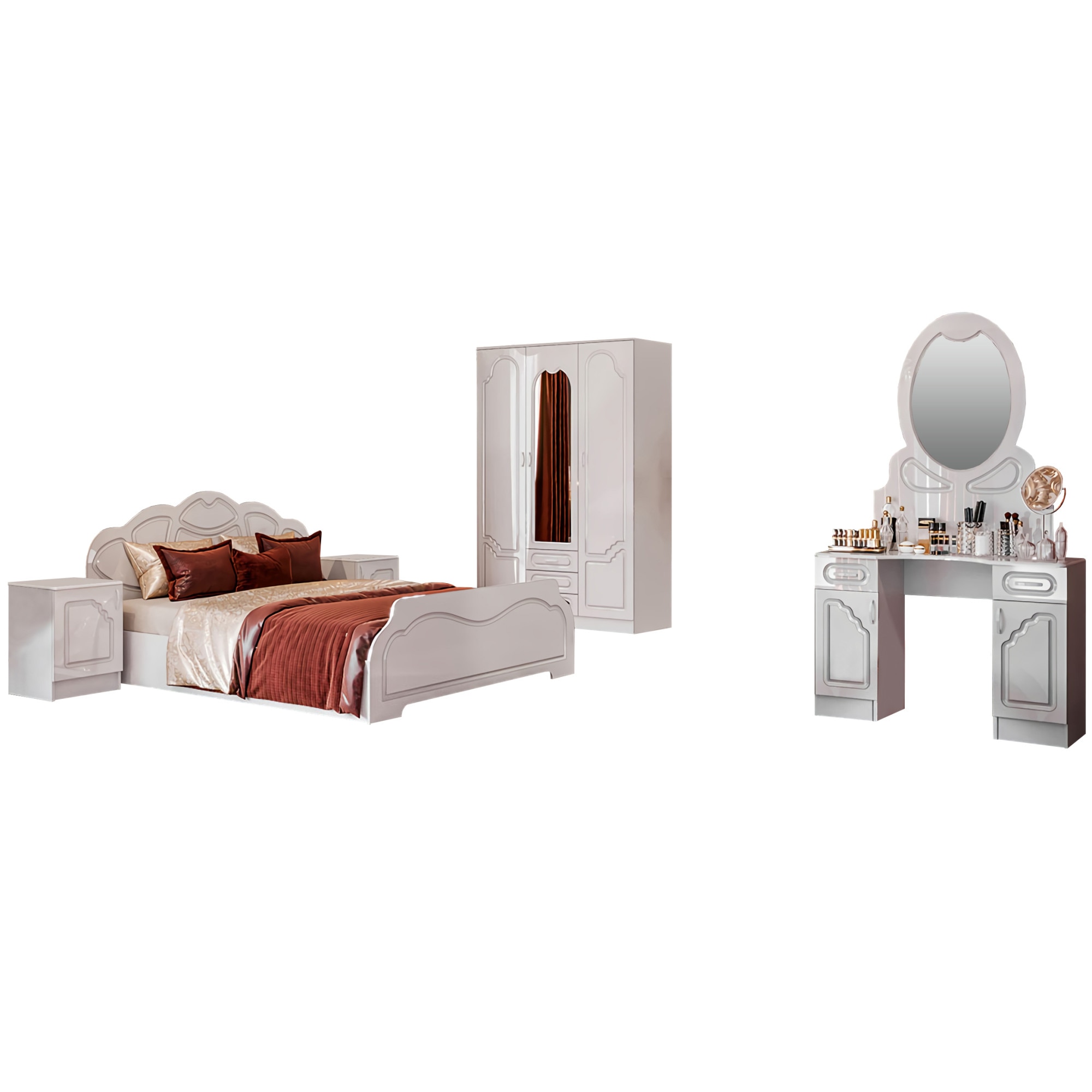 Set Dormitor GARMONIA MDF, cu Dulap, Comoda Toaleta, Pat si Noptiere, Alb