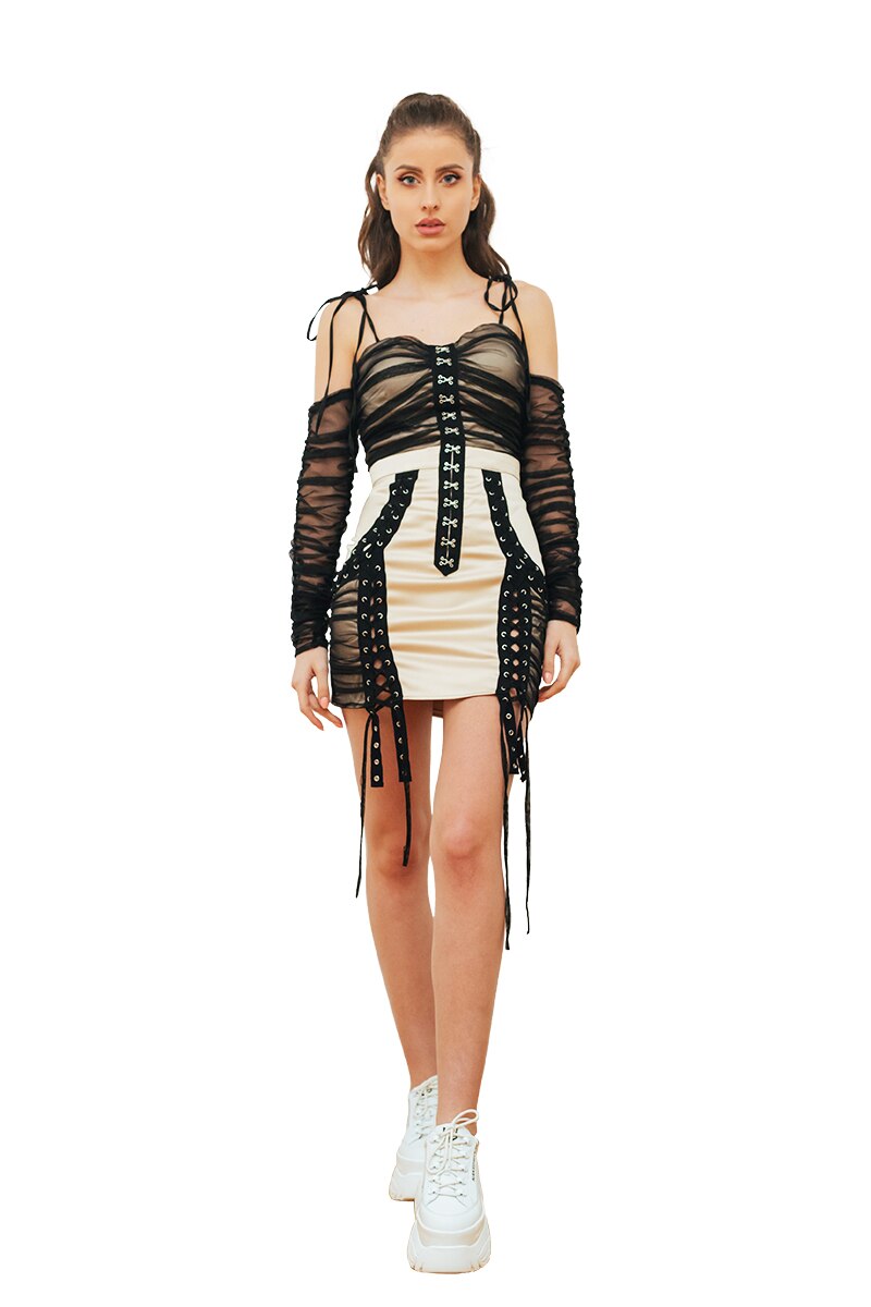 Rochie crem din tafta si voal negru, Cactus the brand, Crem/Bej