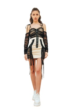 Rochie crem din tafta si voal negru, Cactus the brand, Crem-Negru Rochie crem din tafta si voal negru, Cactus the brand, Crem-Negru