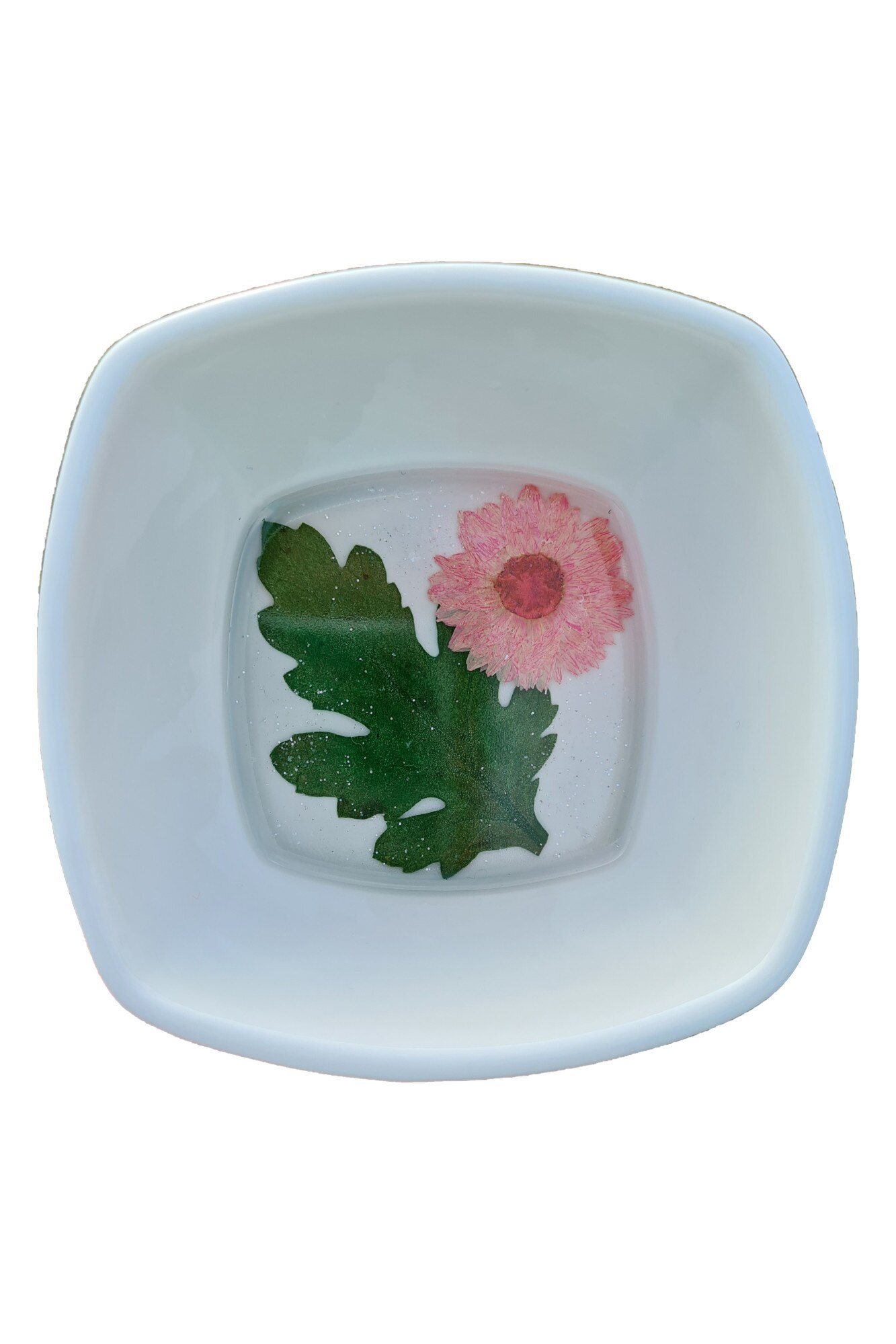 Tavita / suport bijuterii, Delirium, portelan, flori naturale, roz, verde