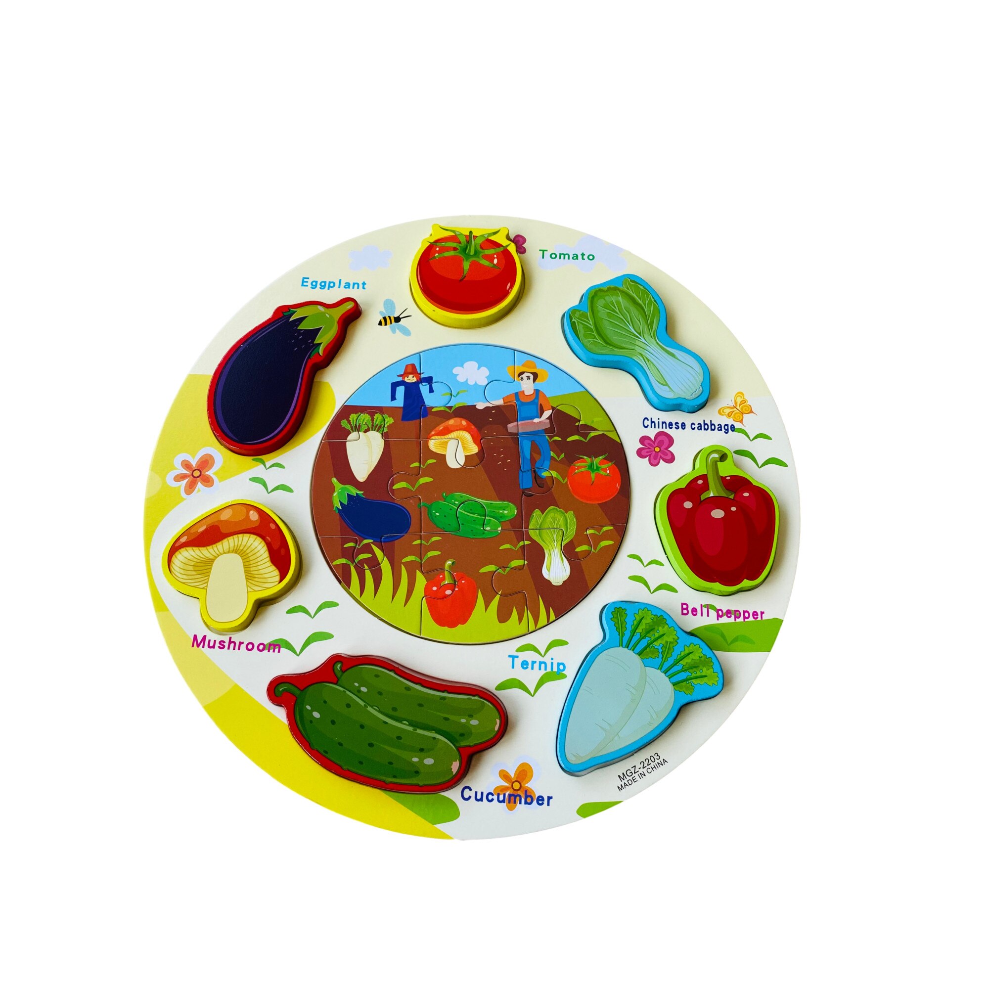 Puzzle incastru 3 D cu legume, din lemn, 9 piese , Unitoys